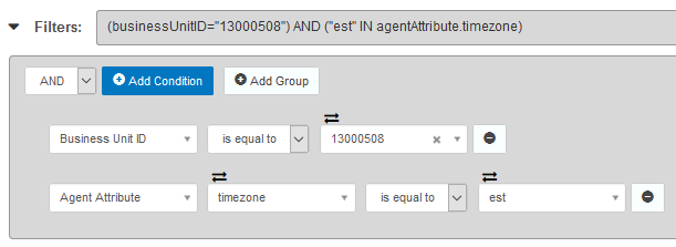 Machine generated alternative text:
Filters: 
AND Cest IN agentAttributetimezone) 
O Add Group 
O Add Condition 
ausiness Unt O 
Agent Attribute 
is equal to 
timezone 
is equal to 